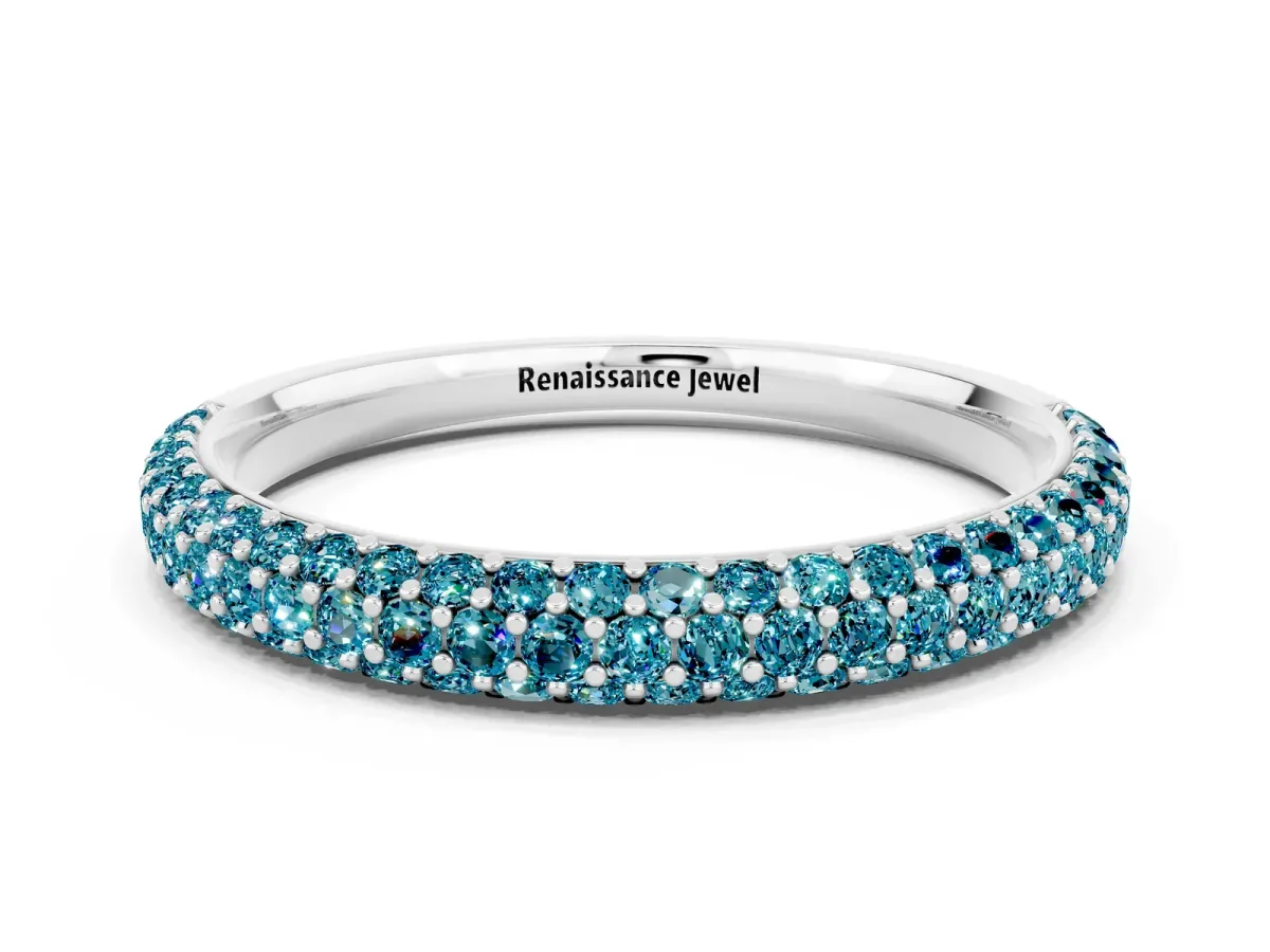 Round Blue Topaz Pavé Eternity Band with Shared Prong Setting Silver