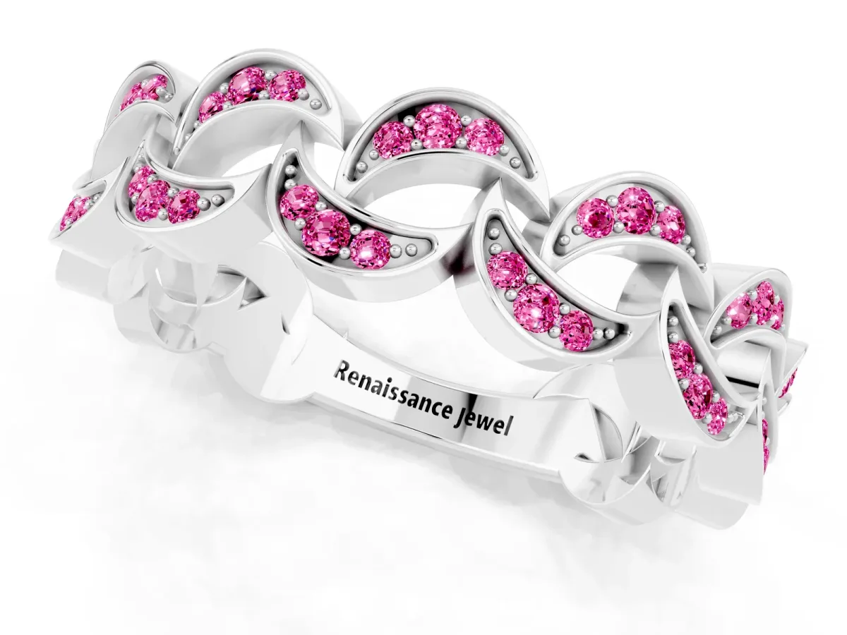 Pavé Round Pink Sapphire Interlocking Eternity Band with Bezel Prong Setting Silver
