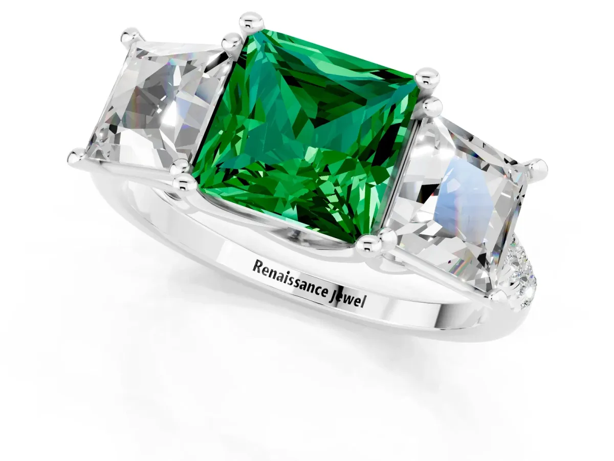 Three-Stone Princess Cut Emerald Ring with Round Pavé Band and Prong Setting Platinum