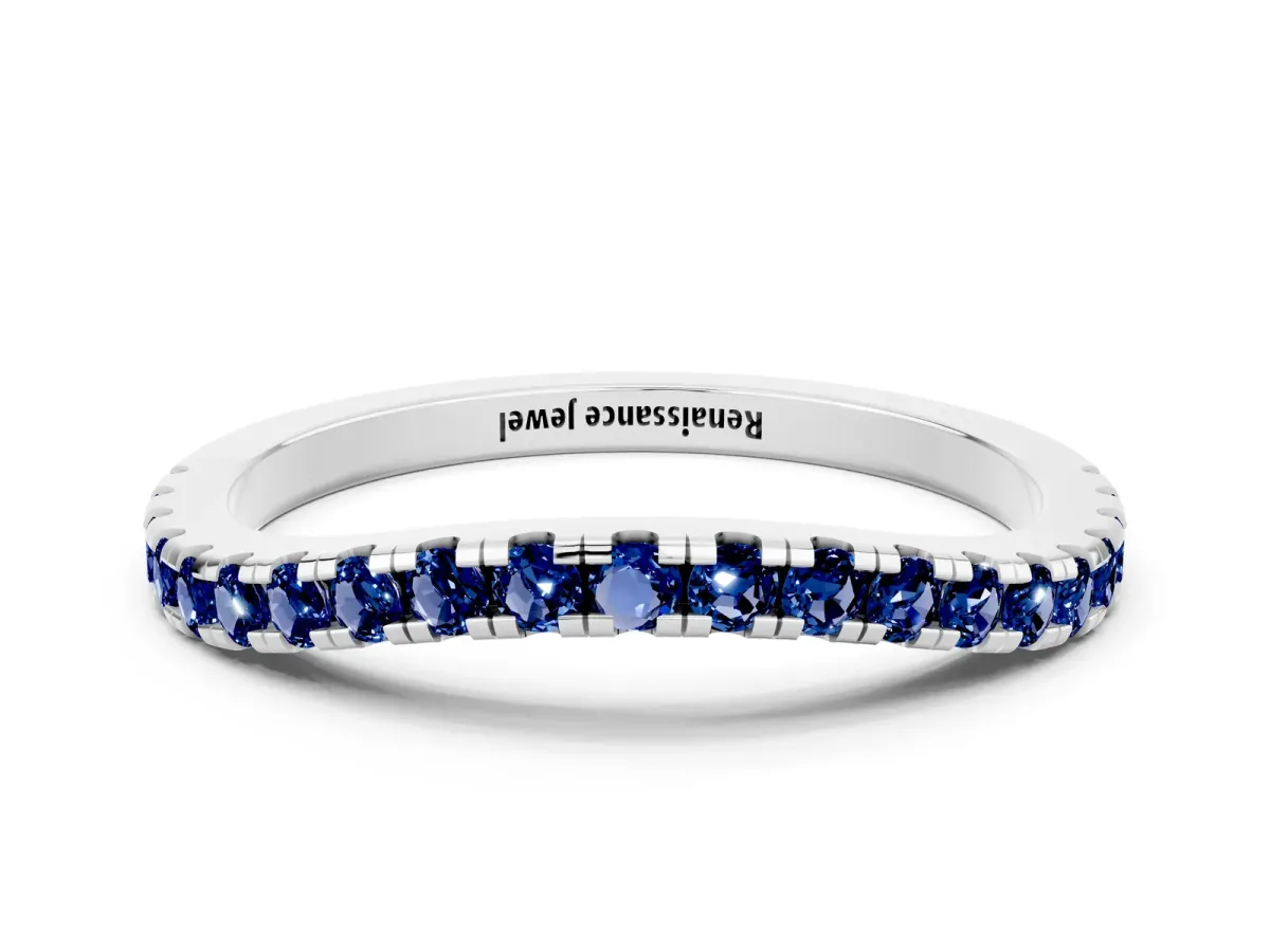 Round Blue Sapphire Pavé Half Eternity Band with Shared Prong Setting Silver