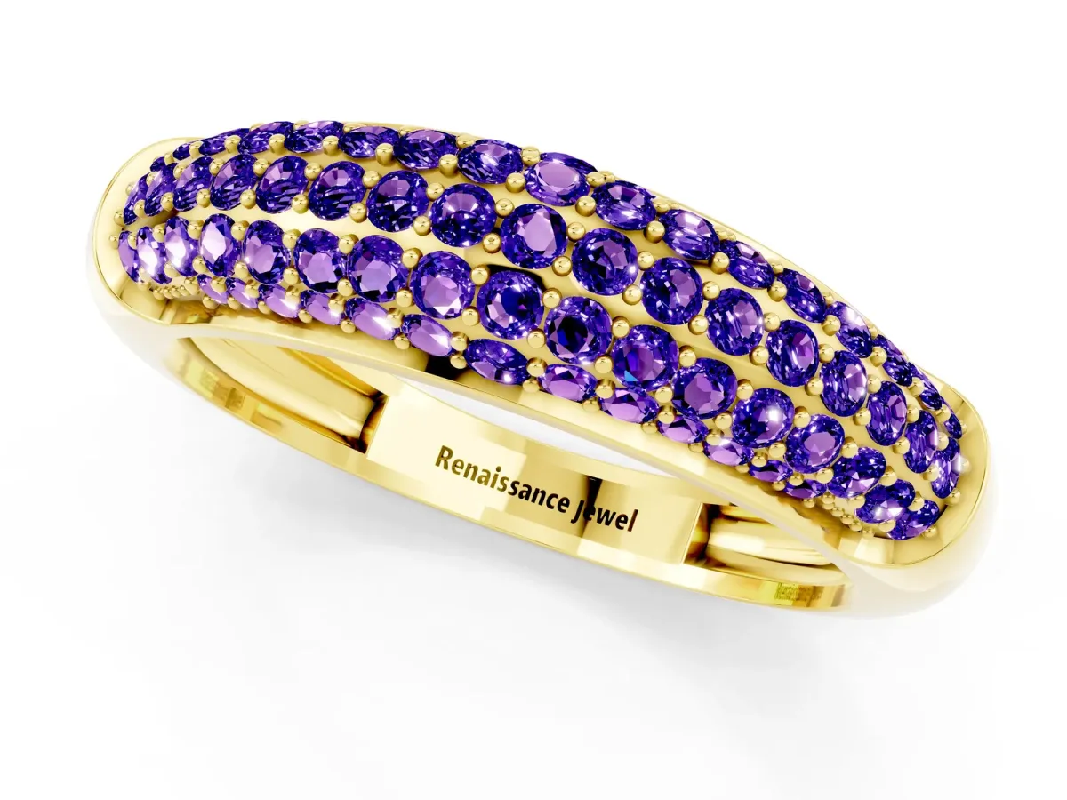 Three-Row Pavé Round Tanzanite Dome Band Yellow gold