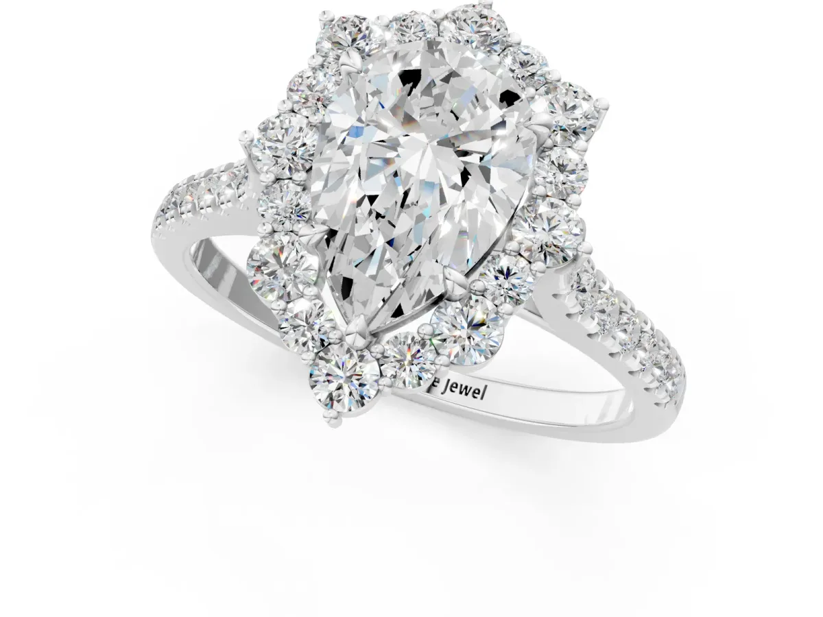 Pear Cut Halo Diamond Ring with Pavé Band and Prong Setting Silver
