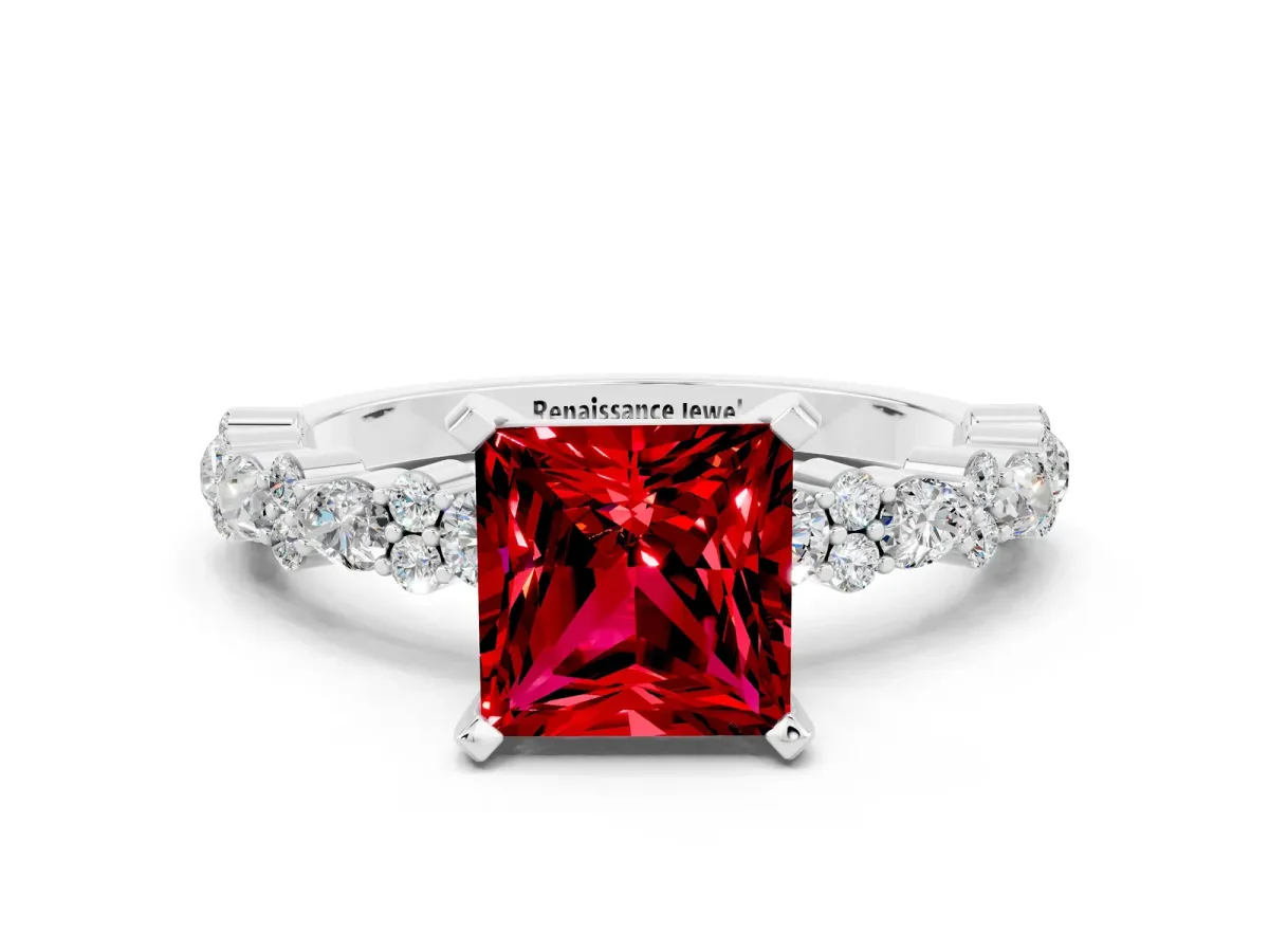 Princess Cut Ruby Side Stone Solitaire Ring with Round and Four-Prong Setting Silver
