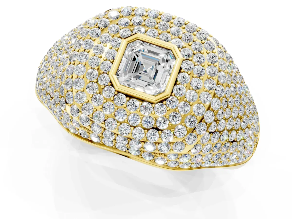 Asscher Cut Diamond Bezel Set Pavé Dome Mens Ring Yellow gold