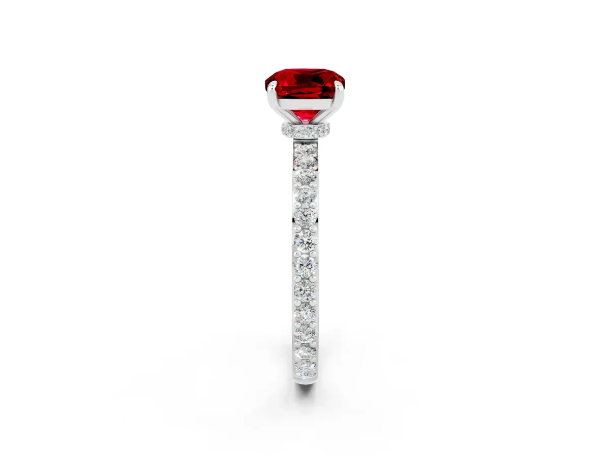 Cushion Cut Ruby Solitaire Engagement Ring with Pavé Band and Four-Prong Setting Silver