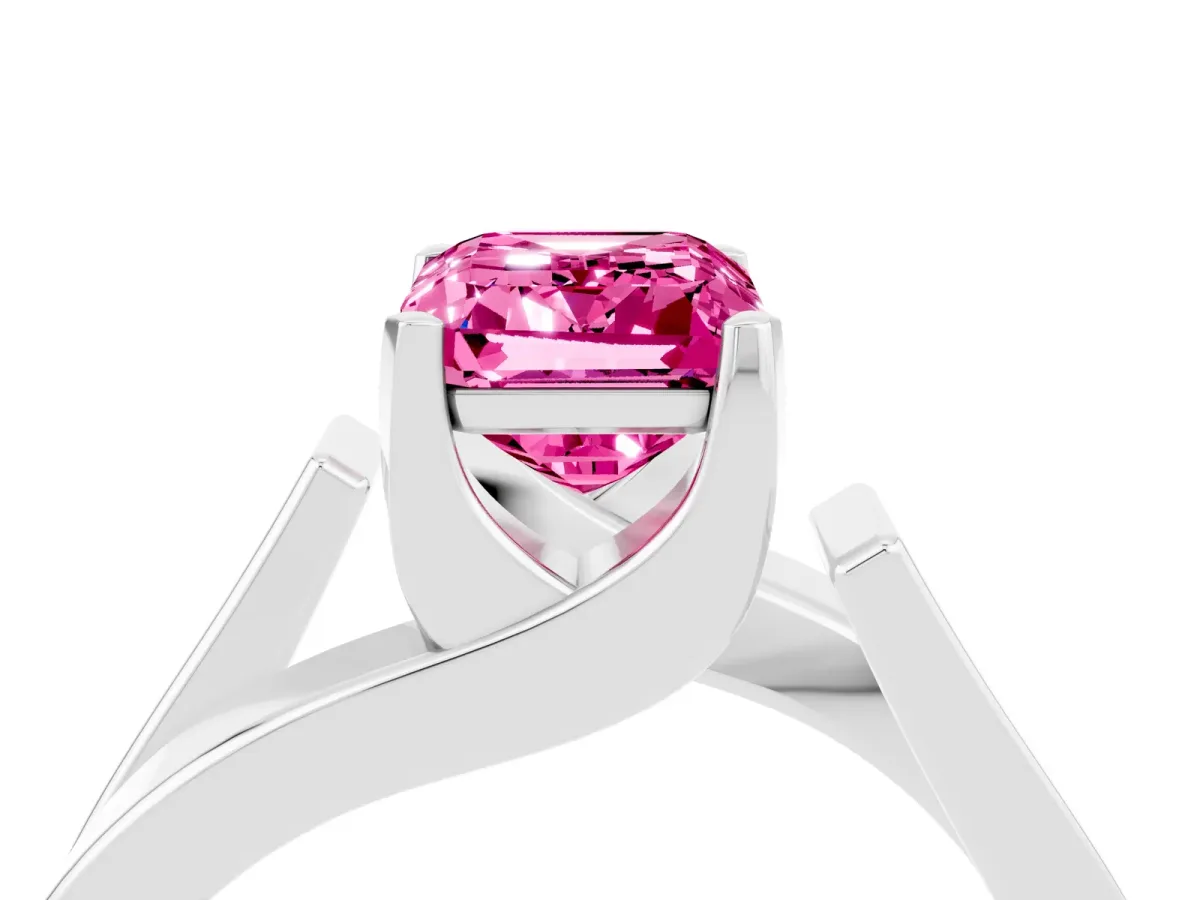 Modern Tension Set Emerald Cut Pink Sapphire Solitaire Wide Band Ring Silver