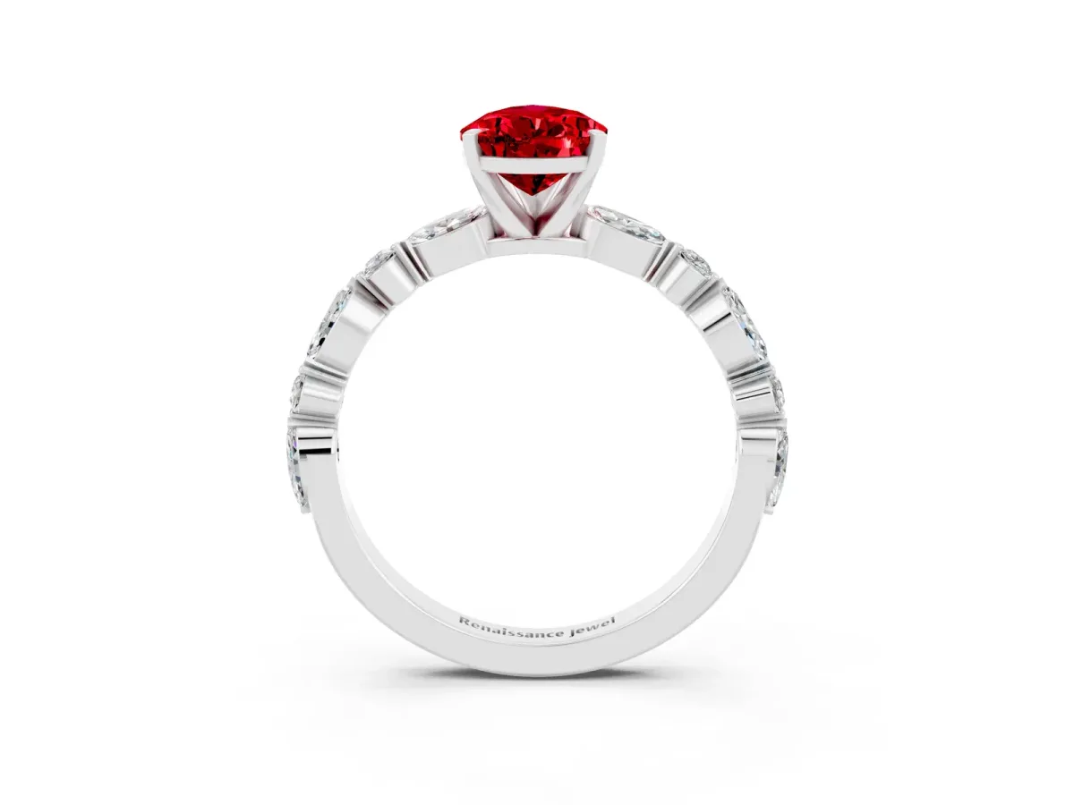 Pear Cut Ruby Ring with Marquise and Round Side Stones and Four-Prong Setting Silver