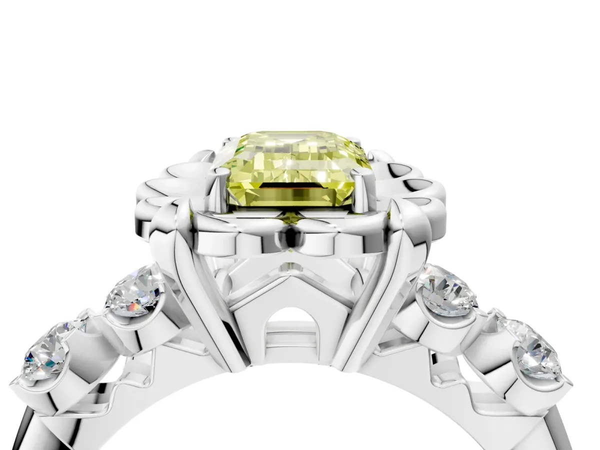 Fancy Yellow Emerald Cut Cut Diamond Floral Halo Engagement Ring with Shared Prong Setting Silver