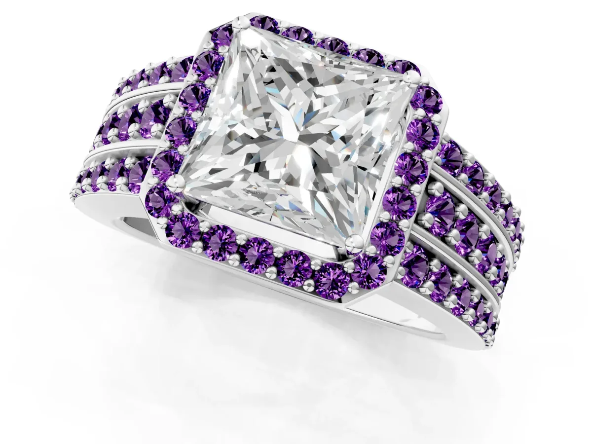 Princess Cut Halo Diamond Ring with Round Amethyst Split Shank and Prong Setting Silver