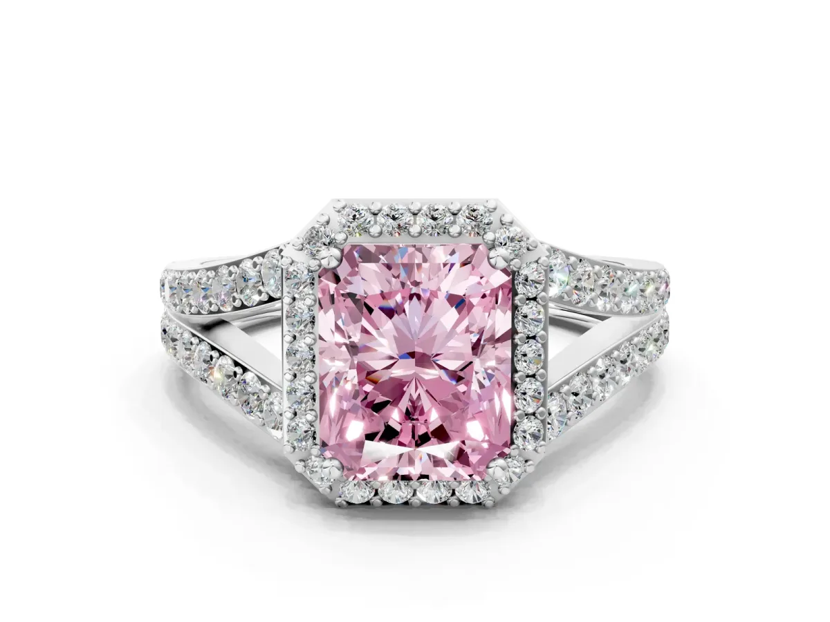 Fancy Pink Radiant Cut Diamond Split Shank Halo Ring with Four-Prong Setting Platinum