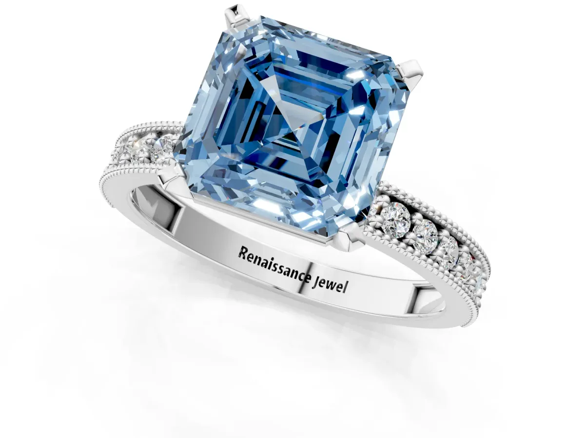 Fancy Blue Asscher Cut Diamond Milgrain Pavé Engagement Ring with Four-Prong Setting Platinum