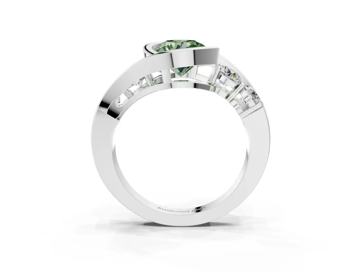 Fancy Green Bezel Set Round Cut Diamond Bypass Ring with Round Accents Silver