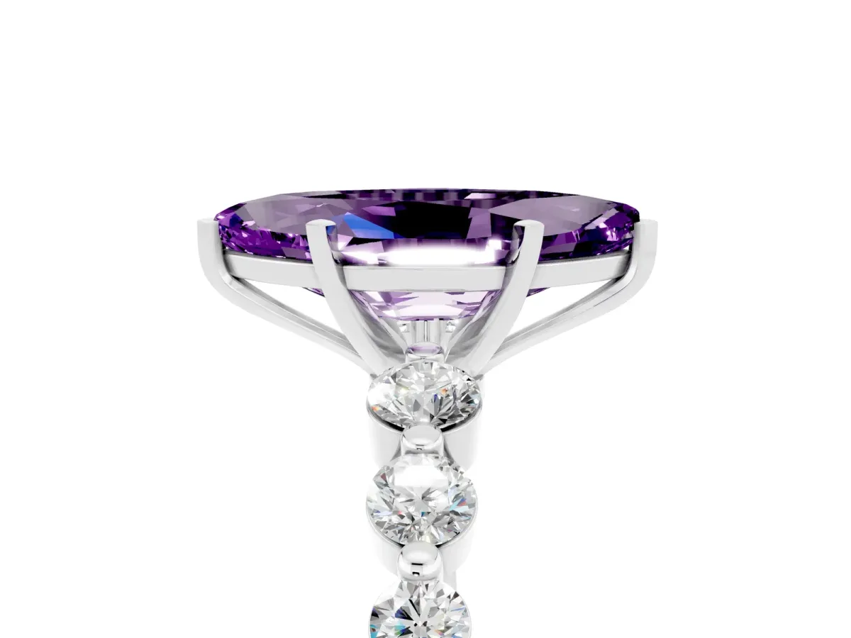 Marquise Cut Solitaire Amethyst Ring with Pave Band and Four-Prong Setting Silver