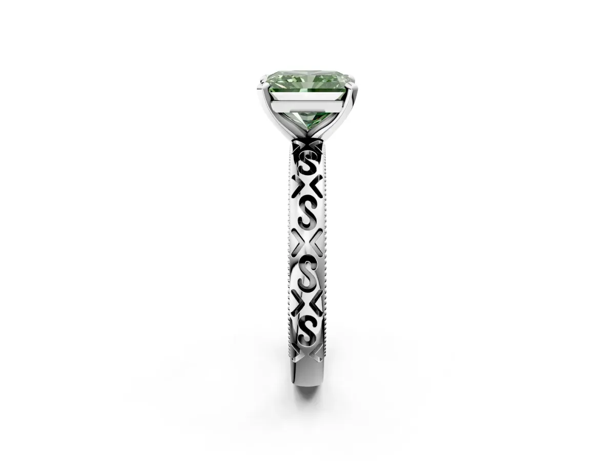 Fancy Green Radiant Cut Solitaire Engagement Ring with Scrollwork Band and Four-Prong Setting Platinum