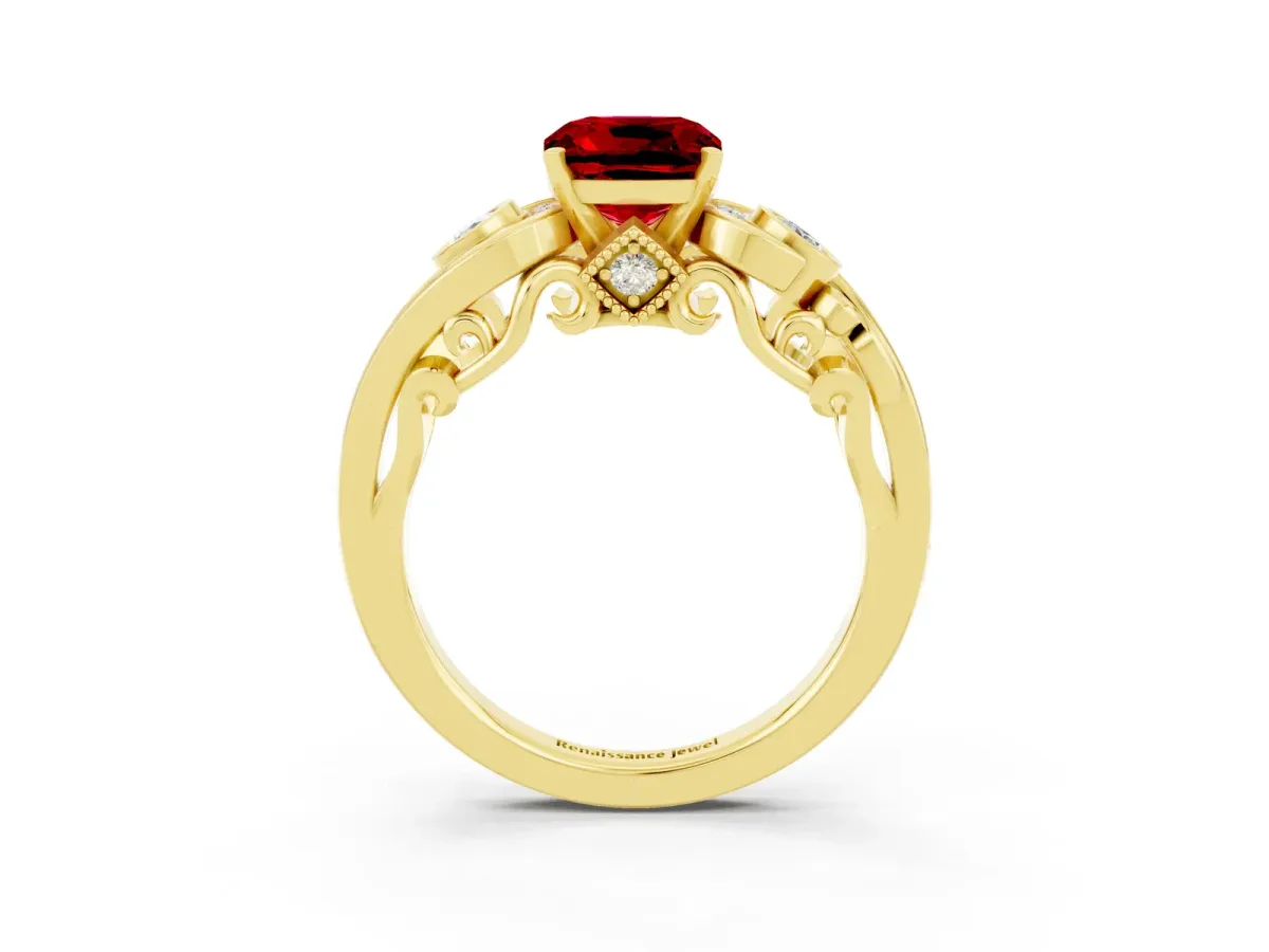 Cushion Cut Ruby Solitaire Ring with Milgrain Pavé Band and Four-Prong Setting Yellow gold