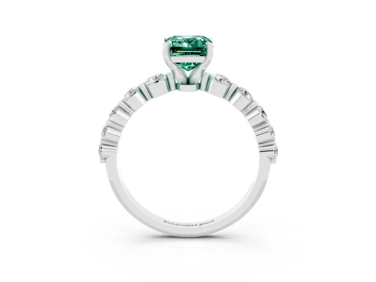 Emerald Cut Solitaire Green Sapphire Ring with Pave Band and Four-Prong Setting Silver