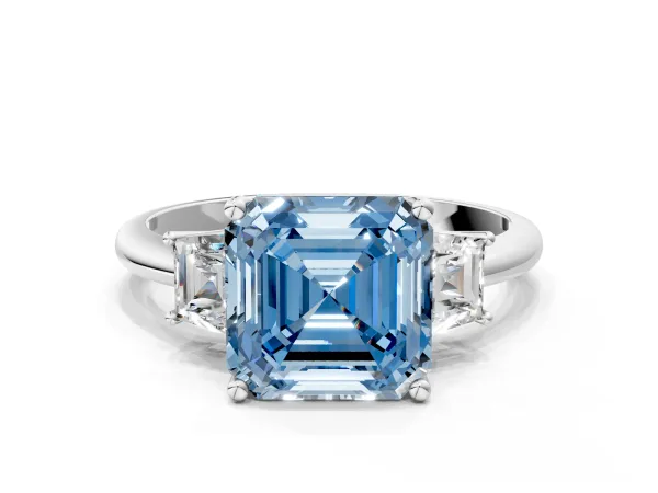 Fancy Blue Asscher Cut Diamond Three-Stone Ring with Trapezoid Side Stones and Prong Setting Platinum