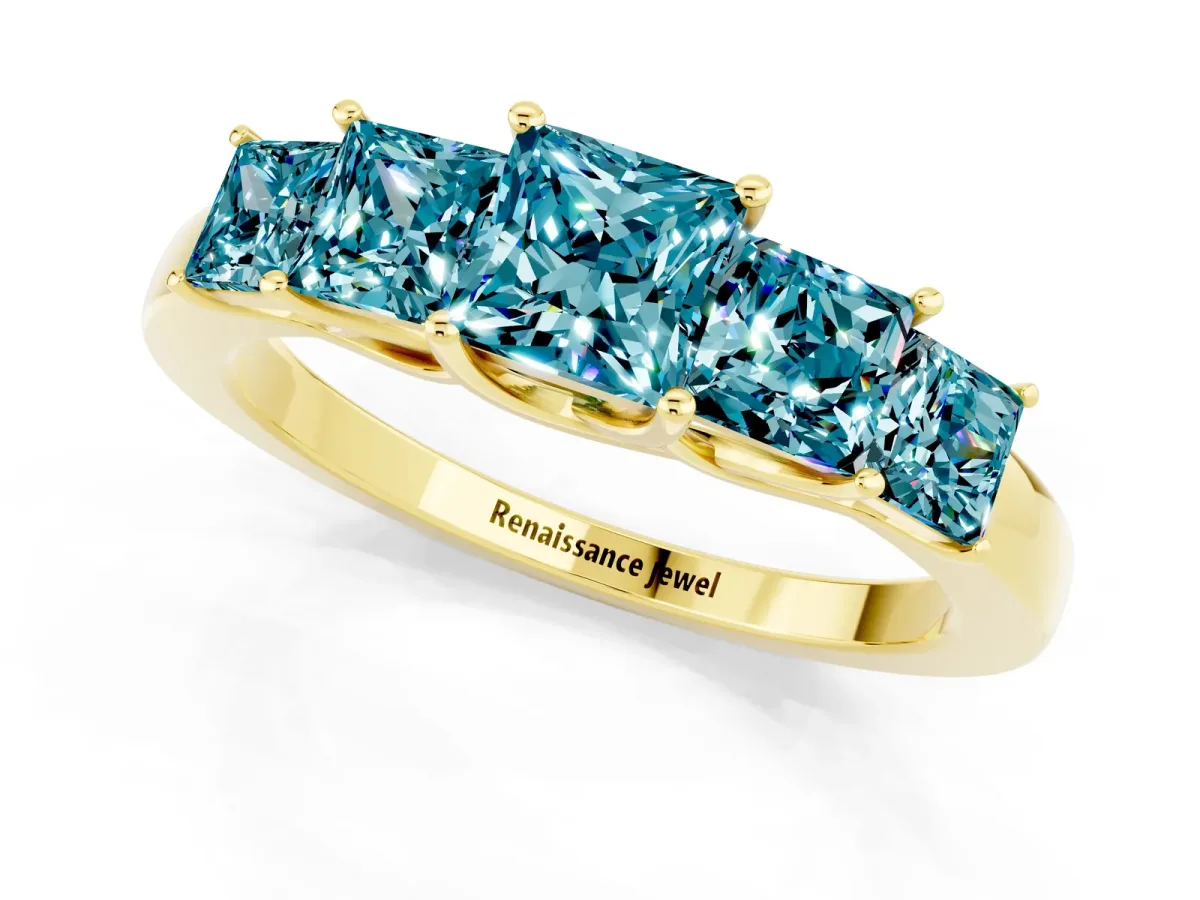 Princess Cut Five-Stone Blue Topaz Ring with Classic Prong Setting Yellow gold