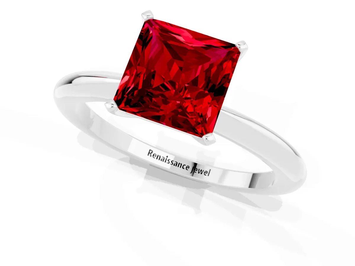 Princess Cut Ruby Solitaire Ring with Six-Prong Setting and Classic Band Platinum