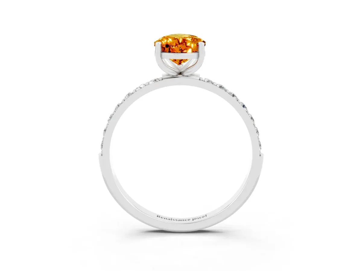 Pear Cut Citrine Solitaire Ring with Round Pavé Band and Prong Setting Silver