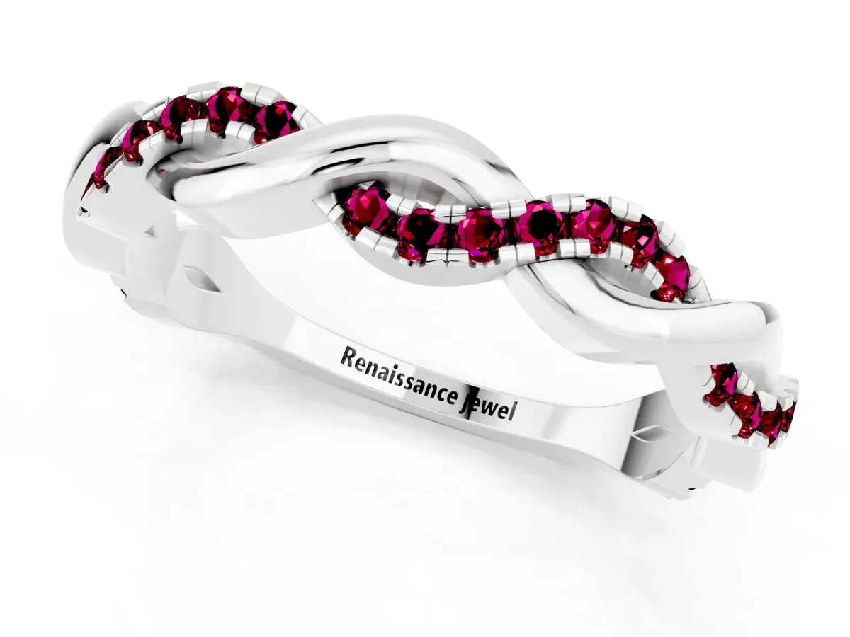 Round Garnet Twist Eternity Band with Pavé Setting White gold