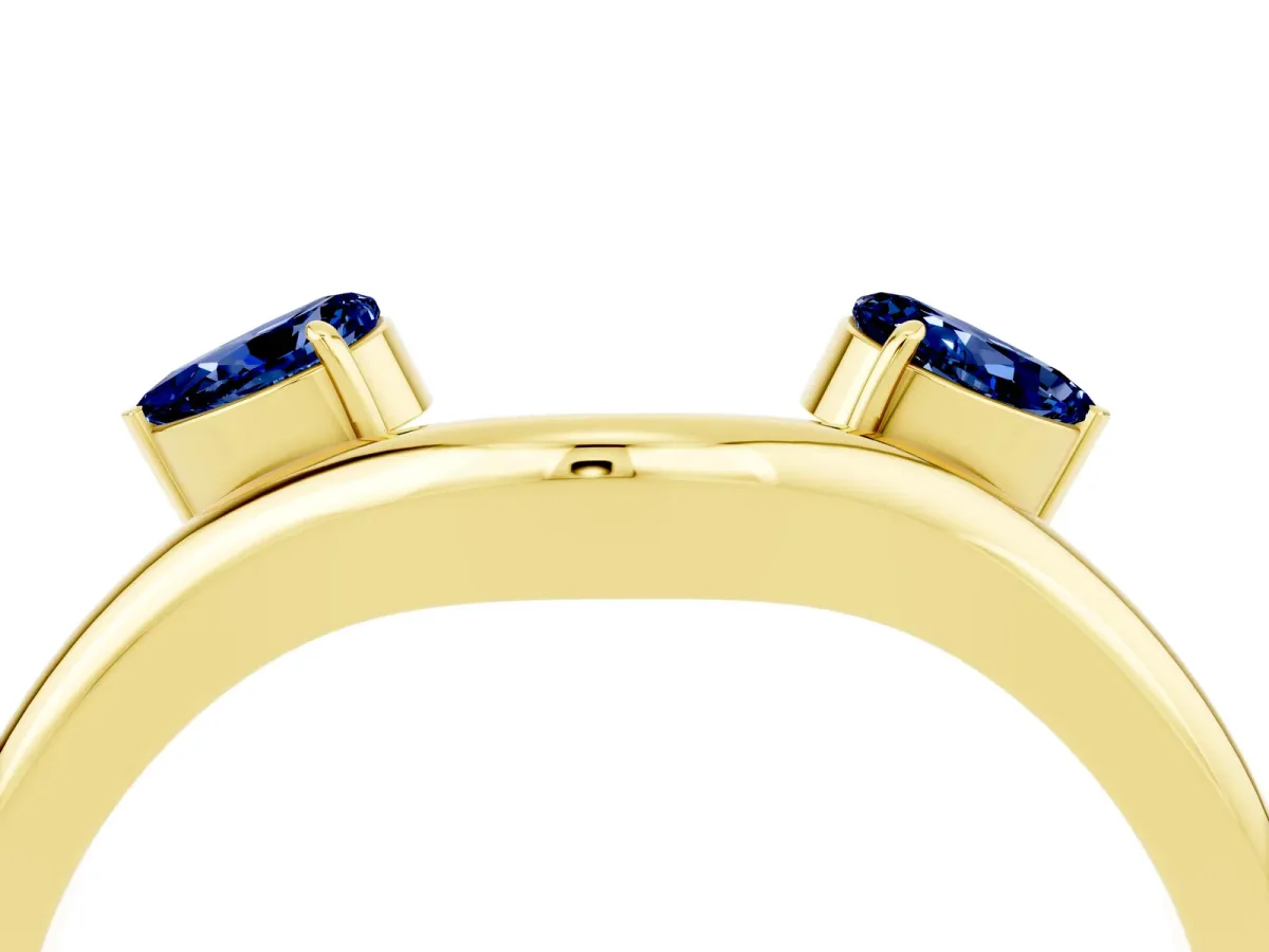Pear Cut Blue Sapphire Two-Stone Open Band Ring with Prong Setting Yellow gold