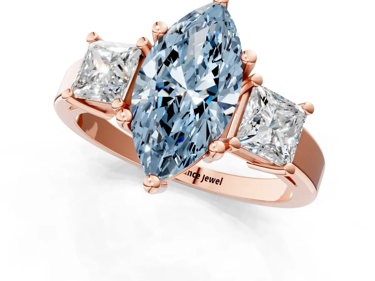 Fancy Blue Three-Stone Marquise Cut Cut Solitaire Ring with Prong Setting Rose gold