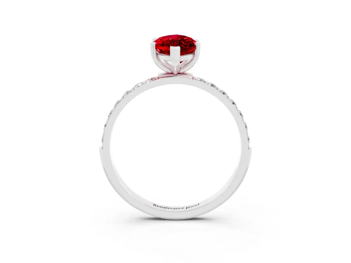 Marquise Cut Ruby Solitaire Ring with Round Pavé Band and Prong Setting Silver
