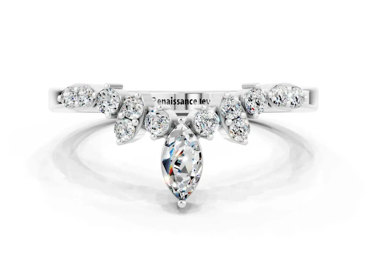 Marquise and Round Moissanite Chevron Band with Prong Setting Silver