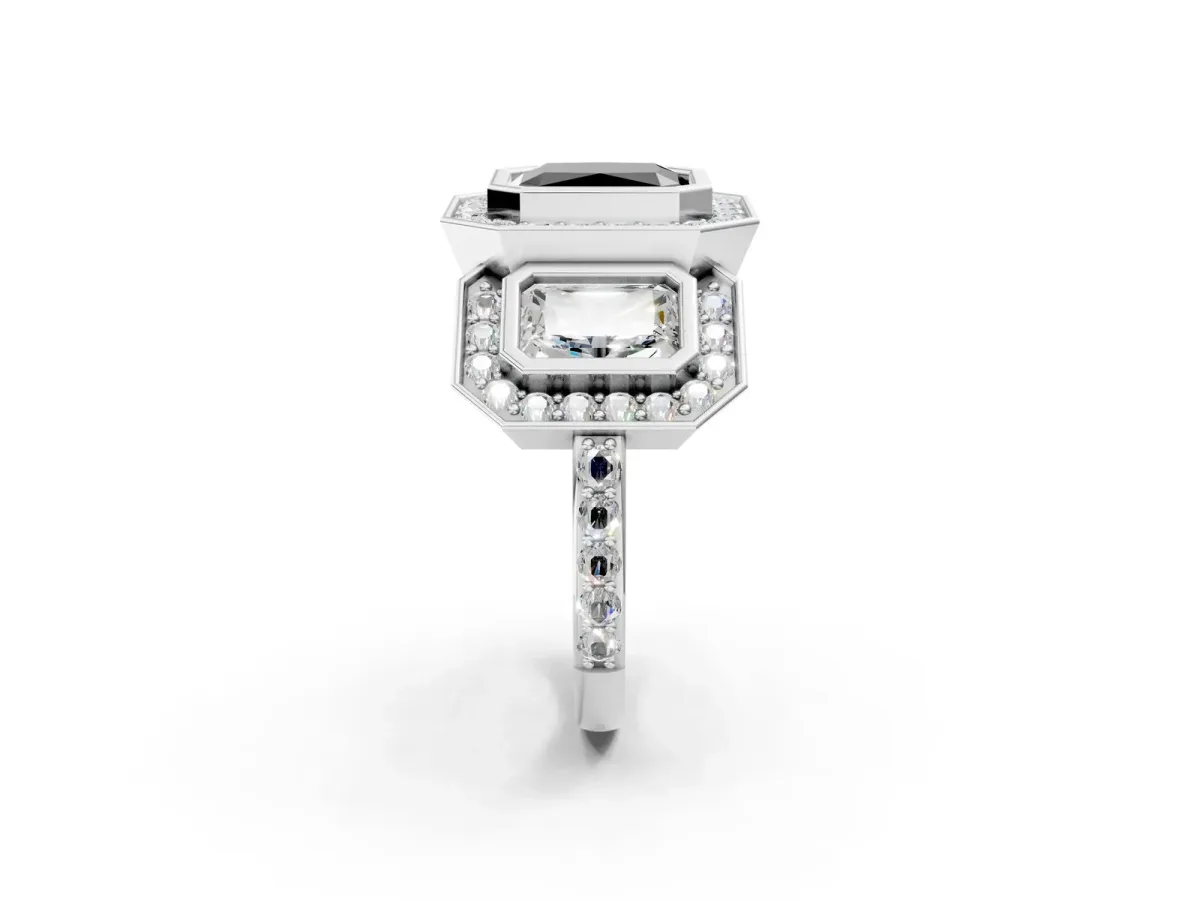 Fancy Black Three-Stone Radiant Cut Halo Pavé Diamond Ring Platinum
