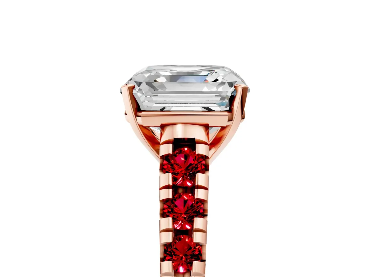 Asscher Cut Diamond Cathedral Solitaire Ring with Round Ruby Pavé Band Rose gold