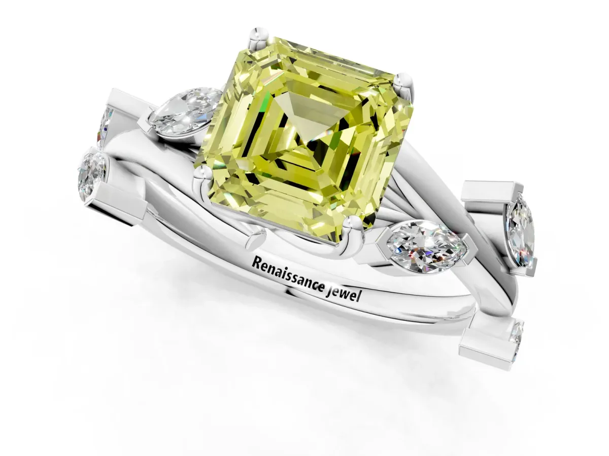 Fancy Yellow Asscher Cut Solitaire Twisted Band Marquise Accent Prong Setting Ring Platinum