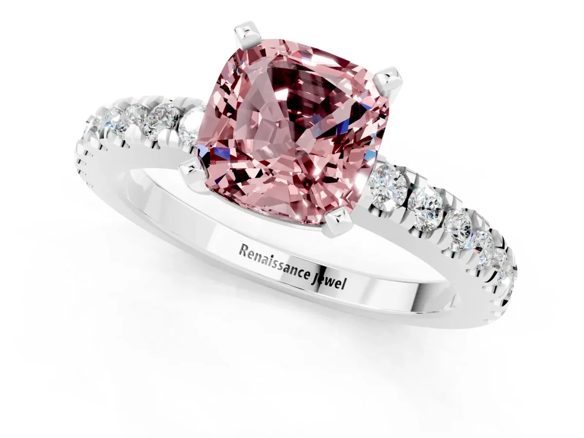Cushion Cut Solitaire Morganite with Pavé Band and Four-Prong Setting Silver