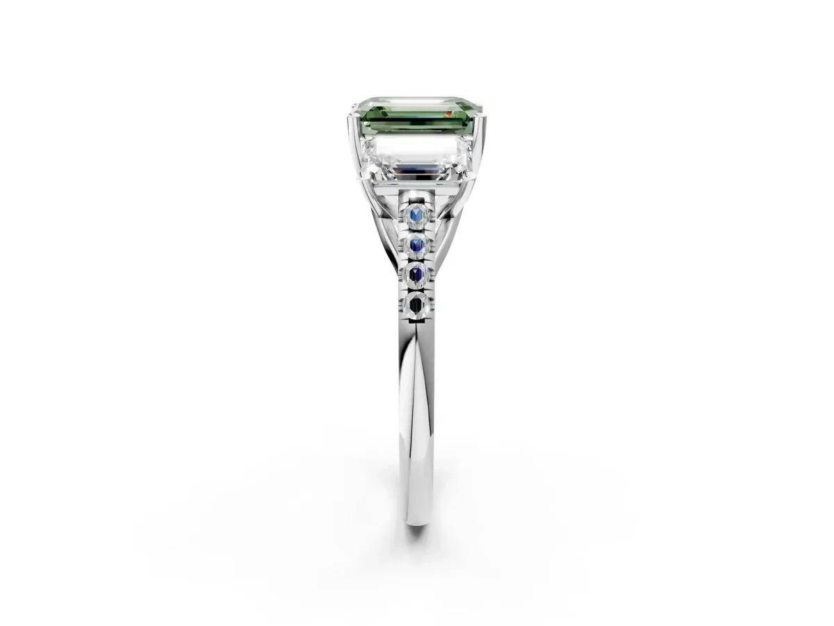 Fancy Green Three-Stone Emerald Cut Diamond Ring with Round Pavé Band and Prong Setting Platinum