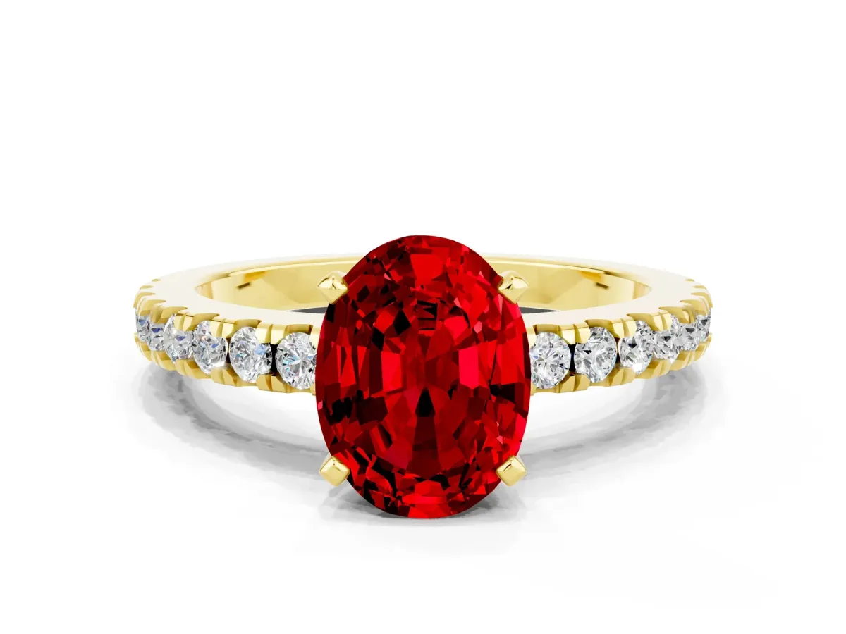 Oval Cut Solitaire Ruby with Pavé Band and Four-Prong Setting Yellow gold