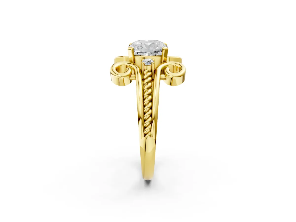 Cushion Cut Solitaire Twisted Band Scroll Prong Ring Yellow gold
