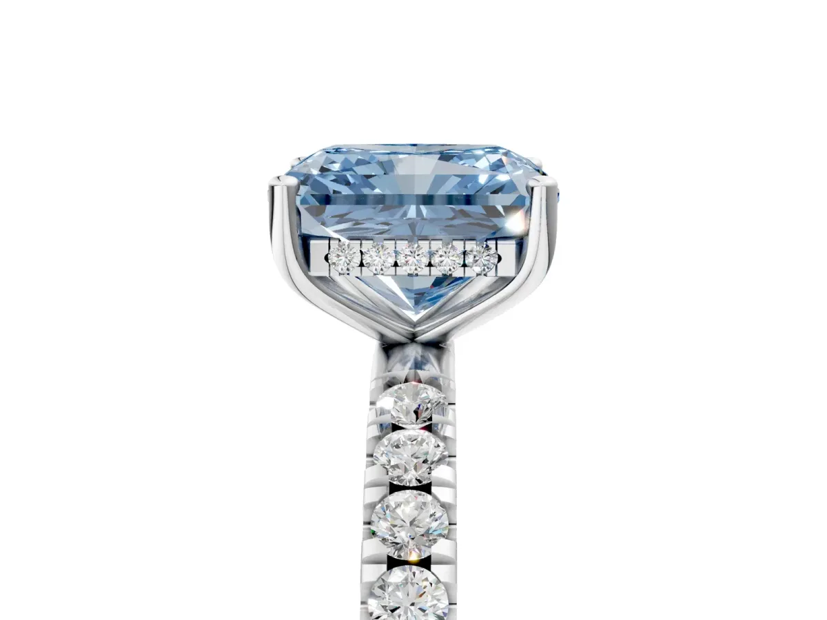 Fancy Blue Radiant Cut Diamond Pave Band Solitaire Ring with Round and Prong Setting Silver