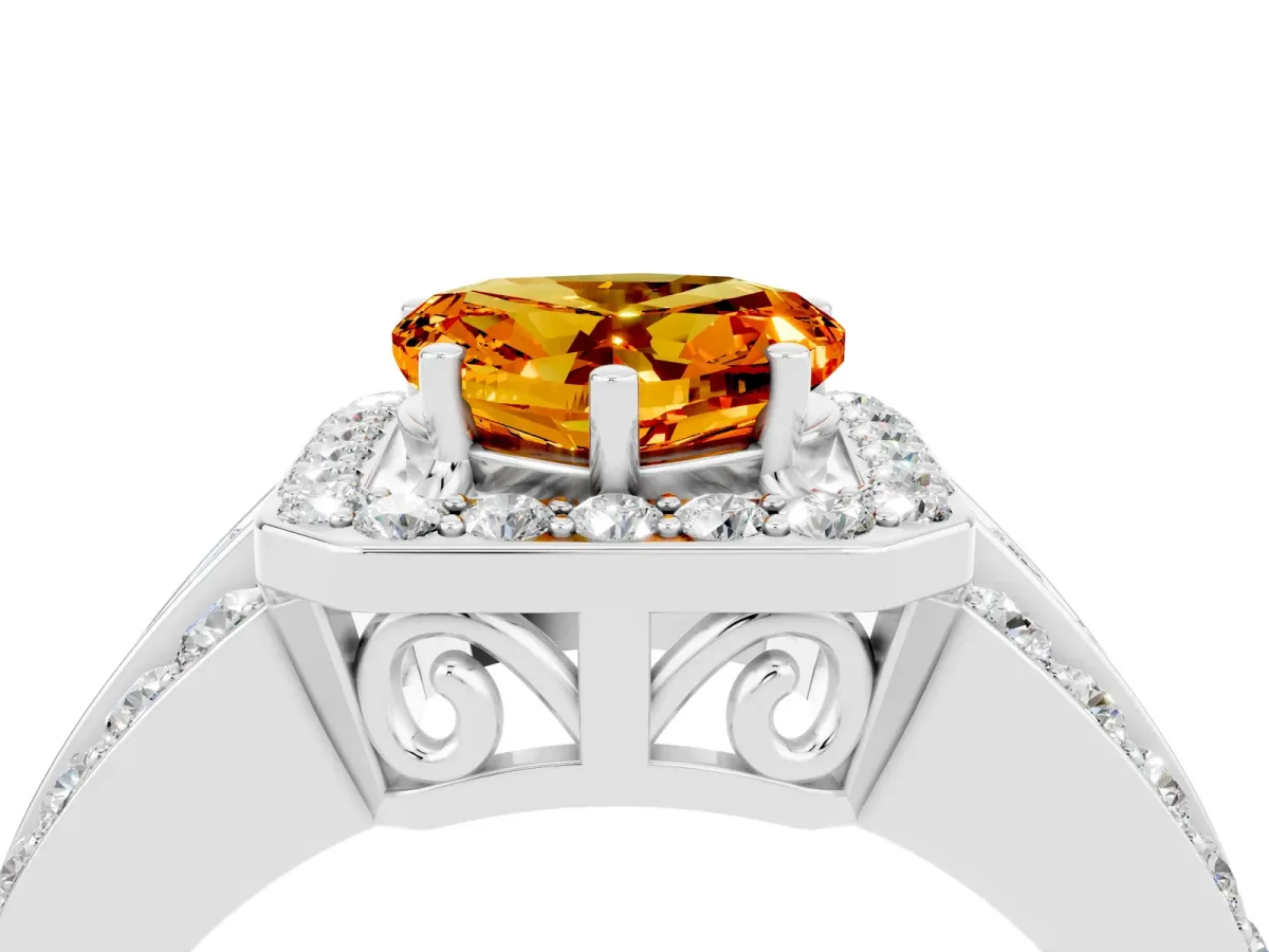 Heart Cut Halo Citrine Ring with Round Split Shank and Prong Setting Platinum