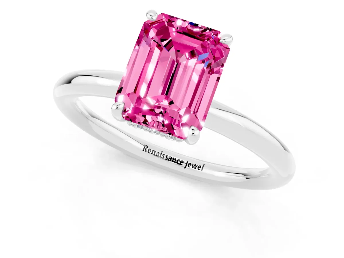 Emerald Cut Pink Sapphire Solitaire Ring with Thin Band and Four-Prong Setting White gold
