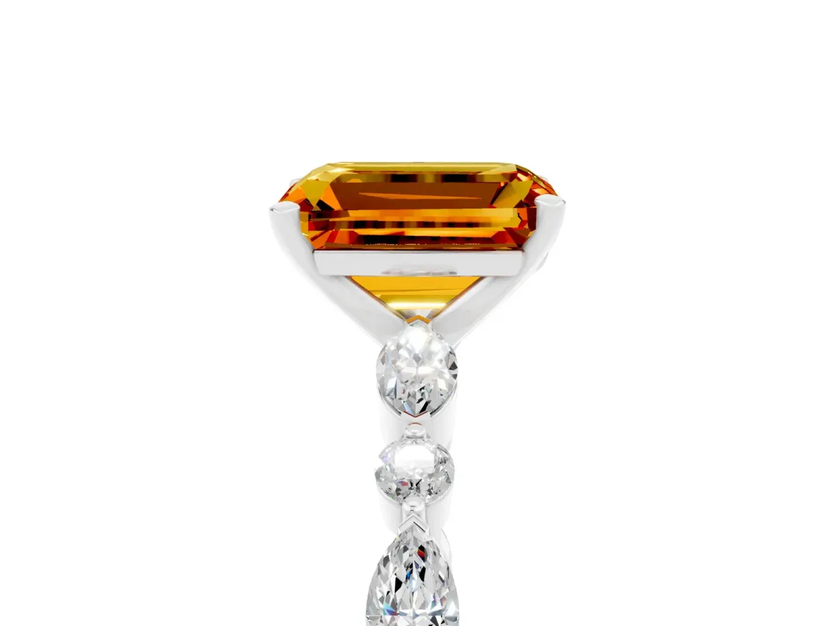 Emerald Cut Citrine Ring with Marquise and Round Side Stones and Four-Prong Setting Silver