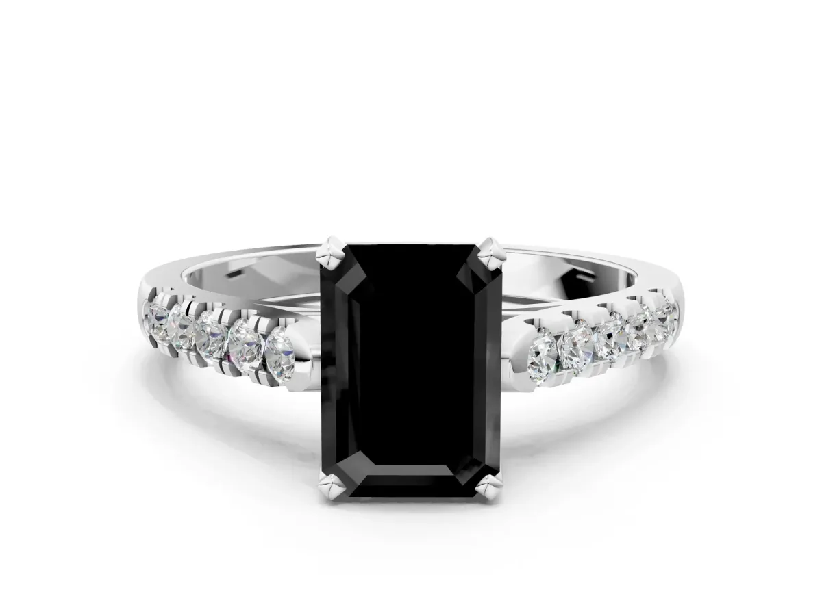 Fancy Black Emerald Cut Diamond Pavé Band Solitaire Ring with Prong Setting Platinum