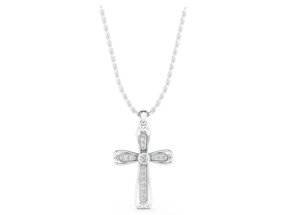 Pavé Round Diamond Cross Pendant with Bezel Setting Silver