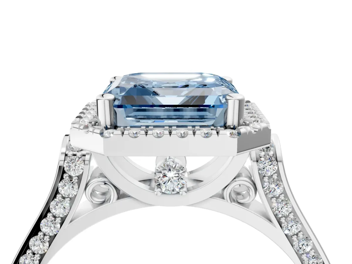 Fancy Blue Asscher Cut Halo Pave Split Shank Prong Setting Ring Platinum
