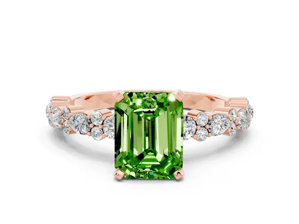 Emerald Cut Peridot Side Stone Solitaire Ring with Round and Four-Prong Setting Rose gold