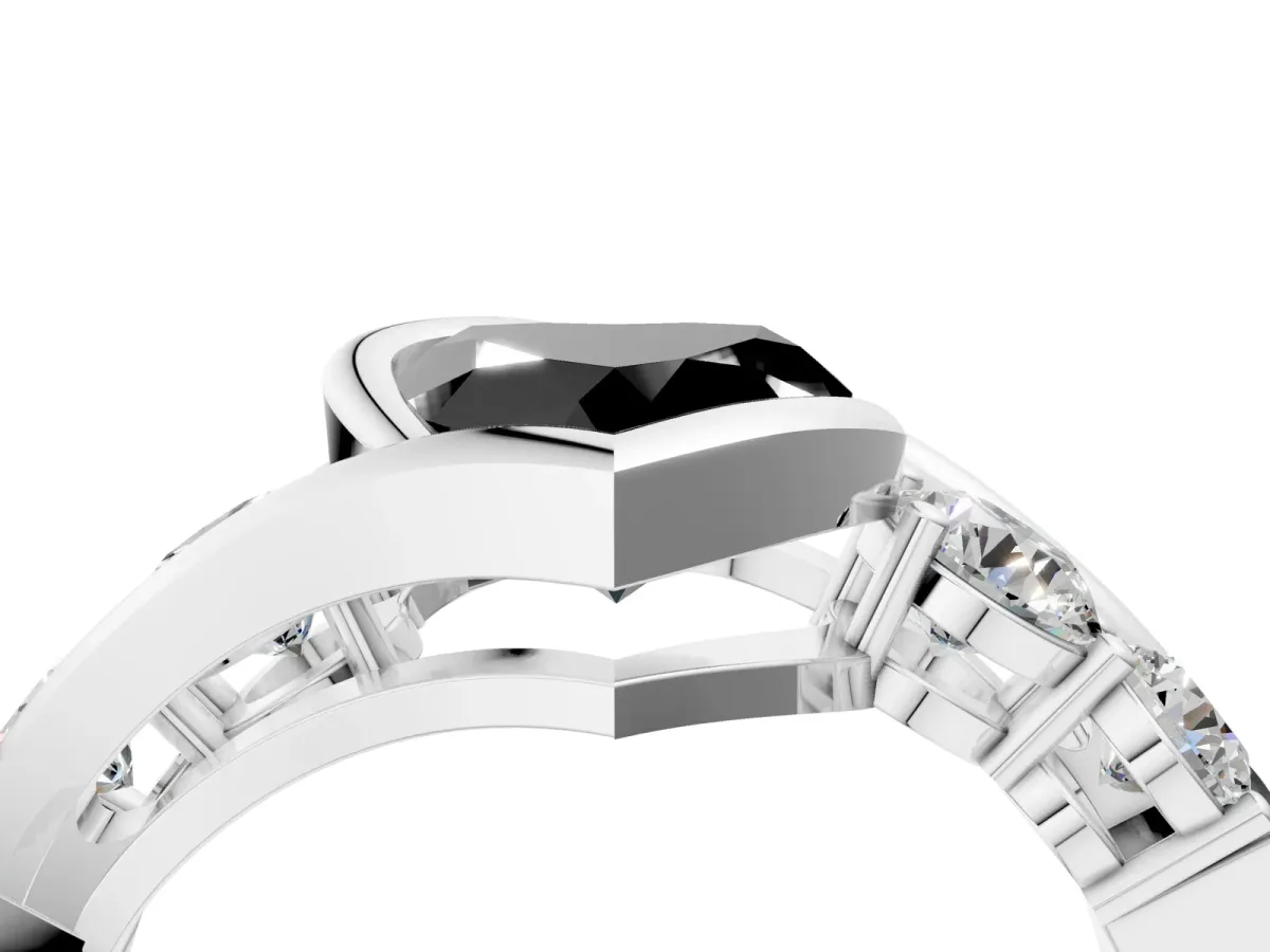 Fancy Black Bezel Set Heart Cut Diamond Bypass Ring with Round Accents Platinum