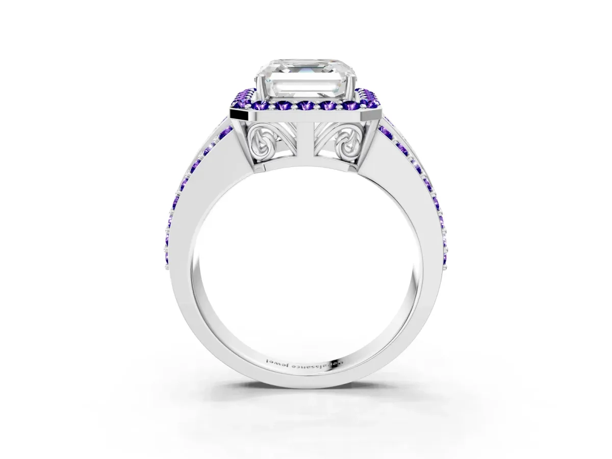 Asscher Cut Halo Diamond Ring with Round Tanzanite Split Shank and Prong Setting Platinum