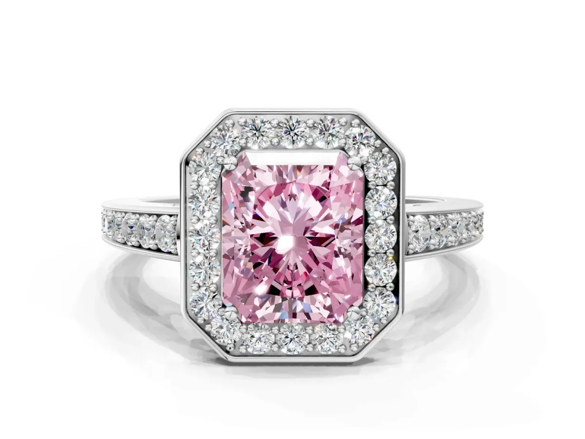 Fancy Pink Radiant Cut Halo Pavé Diamond Engagement Ring with Bezel Setting Silver