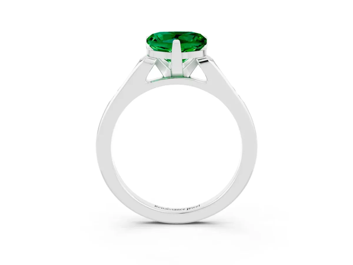 Heart Cut Emerald Solitaire Ring with Channel Set Round Band and Prong Setting Silver