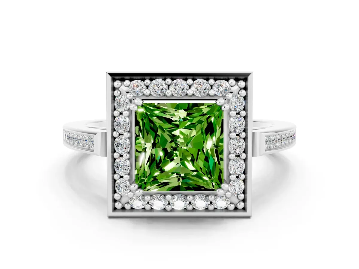 Princess Cut Peridot Halo Ring with Split Shank and Four-Prong Setting Platinum