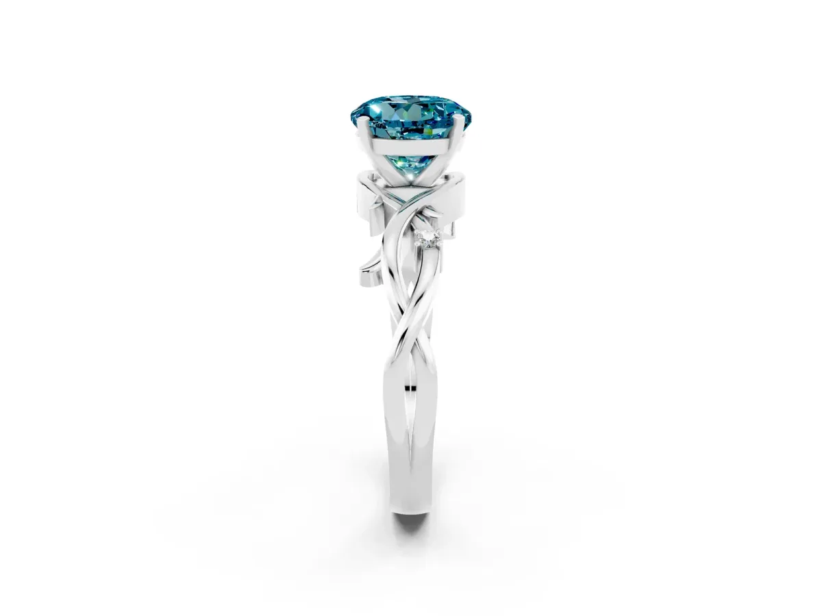 Round Cut Blue Topaz Solitaire Ring with Twisted Band and Prong Setting Platinum
